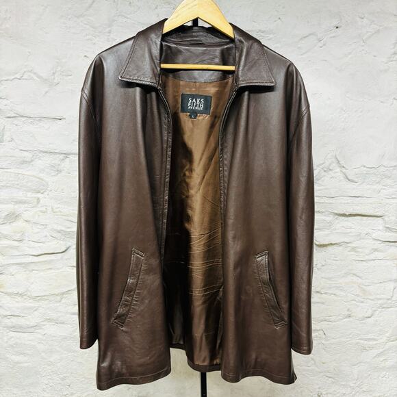 Saks Fifth Avenue Brown Soft Leather Bomber Jacket Made in USA Vintage Large - Picture 1 of 11